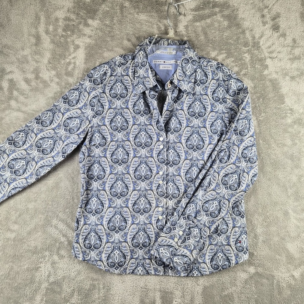 Tommy Hilfiger Shirt Womens 16 Blue White Paisley Button Down Stretch Preppy Y2K